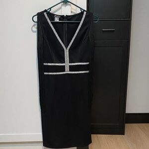 VENUS Black Midi Dress with Silver Trim Mesh Waist and Fringe Detail